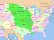 Territory of Louisiana in the early 19th century (in green), superimposed on the present-day United States.