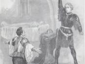 English: Summary: Scan of illustration from The Graphic, 19 January 1895, p. 471 King Arthur at the Lyceum Theatre, 1895. L to R: Sir Lancelot, Guinevere, King Arthur
