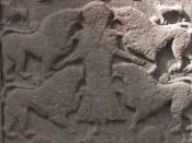 English: Vanora, wife of King Arthur, being fed to wild beasts as punishment for her infidelity. From Meigle 2 Pictish stone, in the Meigle Sculptured Stone Museum in Scotland.