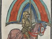 English: Illustration of a knight in Gothic armor from Concilium zu Constanz woodcut (digitized page 34 of 509)