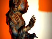 Karana Mudra - Demon expelling mudra, Korean Bodhisattva,  Mahasthamaprapta, Vajrapani in his Peaceful form, metal statue, Seattle, Washington, USA
